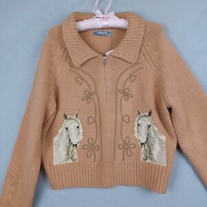 Blue B Collection L Horse Sweater Western Cowgirl Embroidered 1/4 Zip Cropped